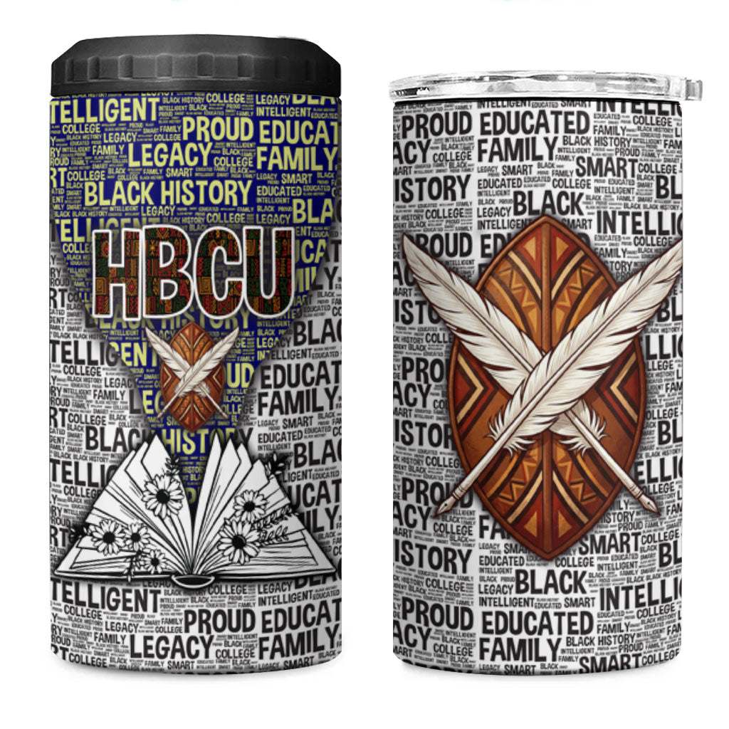 HBCU Black History Legacy 4 in 1 Can Cooler Tumbler Word Cloud African Shield Knowledge Book