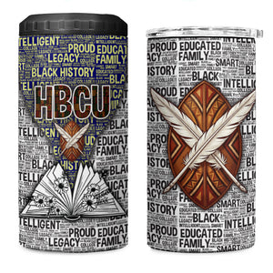 HBCU Black History Legacy 4 in 1 Can Cooler Tumbler Word Cloud African Shield Knowledge Book