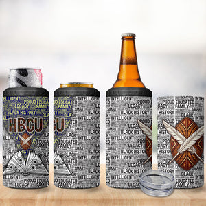 HBCU Black History Legacy 4 in 1 Can Cooler Tumbler Word Cloud African Shield Knowledge Book