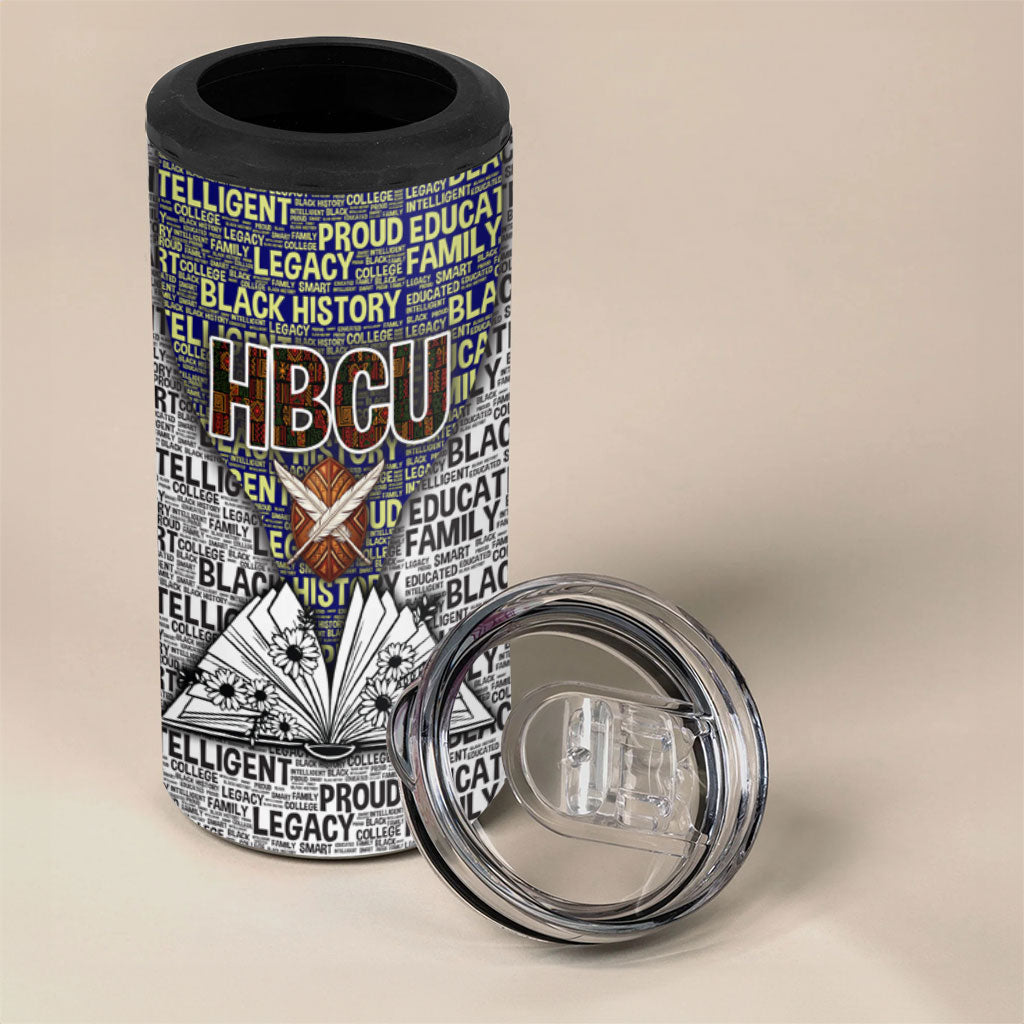 HBCU Black History Legacy 4 in 1 Can Cooler Tumbler Word Cloud African Shield Knowledge Book