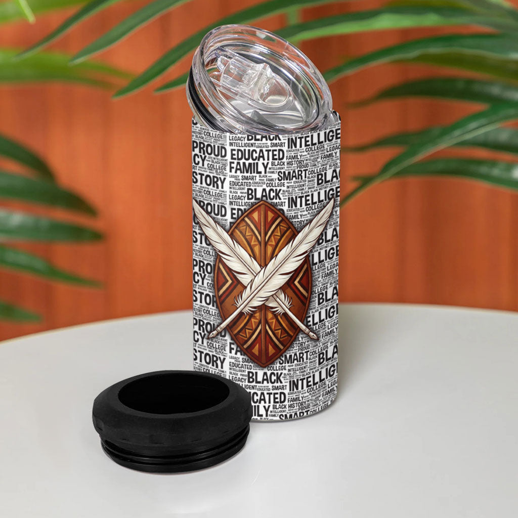HBCU Black History Legacy 4 in 1 Can Cooler Tumbler Word Cloud African Shield Knowledge Book