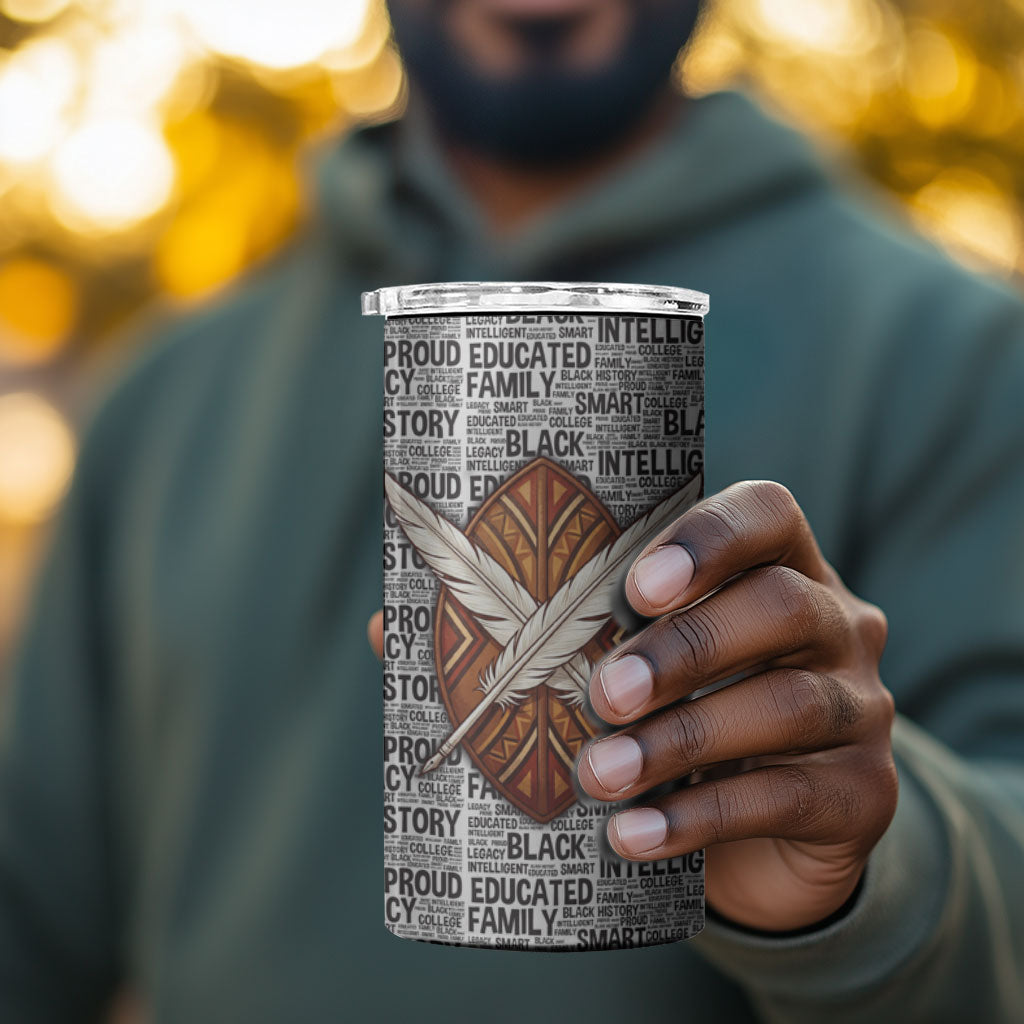 HBCU Black History Legacy 4 in 1 Can Cooler Tumbler Word Cloud African Shield Knowledge Book