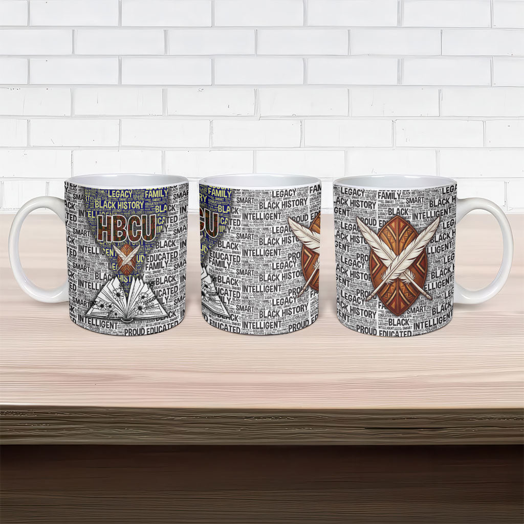 HBCU Black History Legacy Ceramic Mug Word Cloud African Shield Knowledge Book