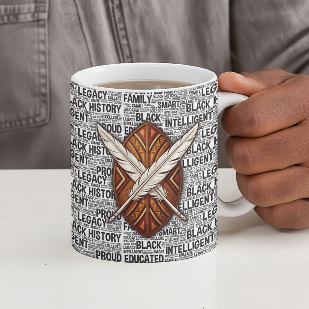 HBCU Black History Legacy Ceramic Mug Word Cloud African Shield Knowledge Book