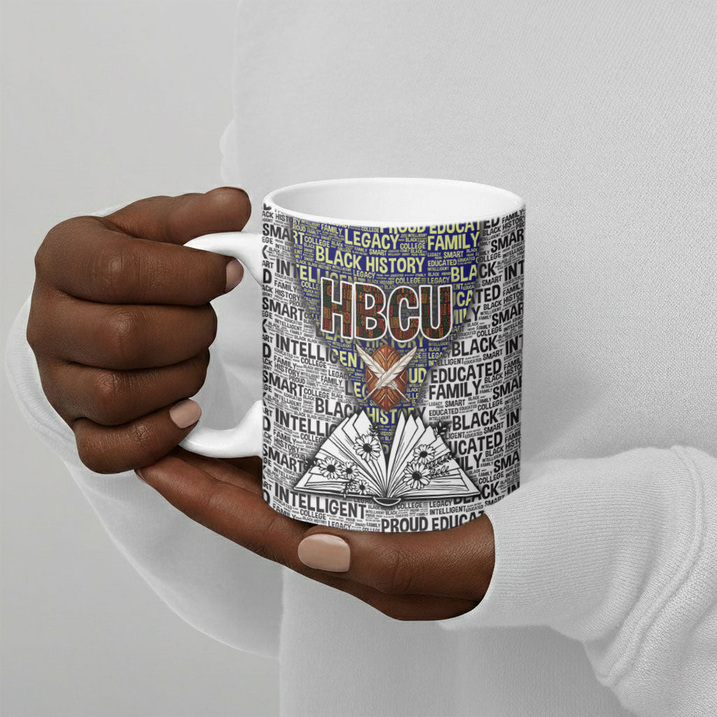HBCU Black History Legacy Ceramic Mug Word Cloud African Shield Knowledge Book