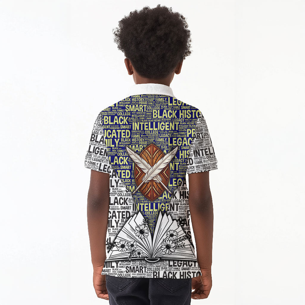 HBCU Black History Legacy Kid Polo Shirt Word Cloud African Shield Knowledge Book