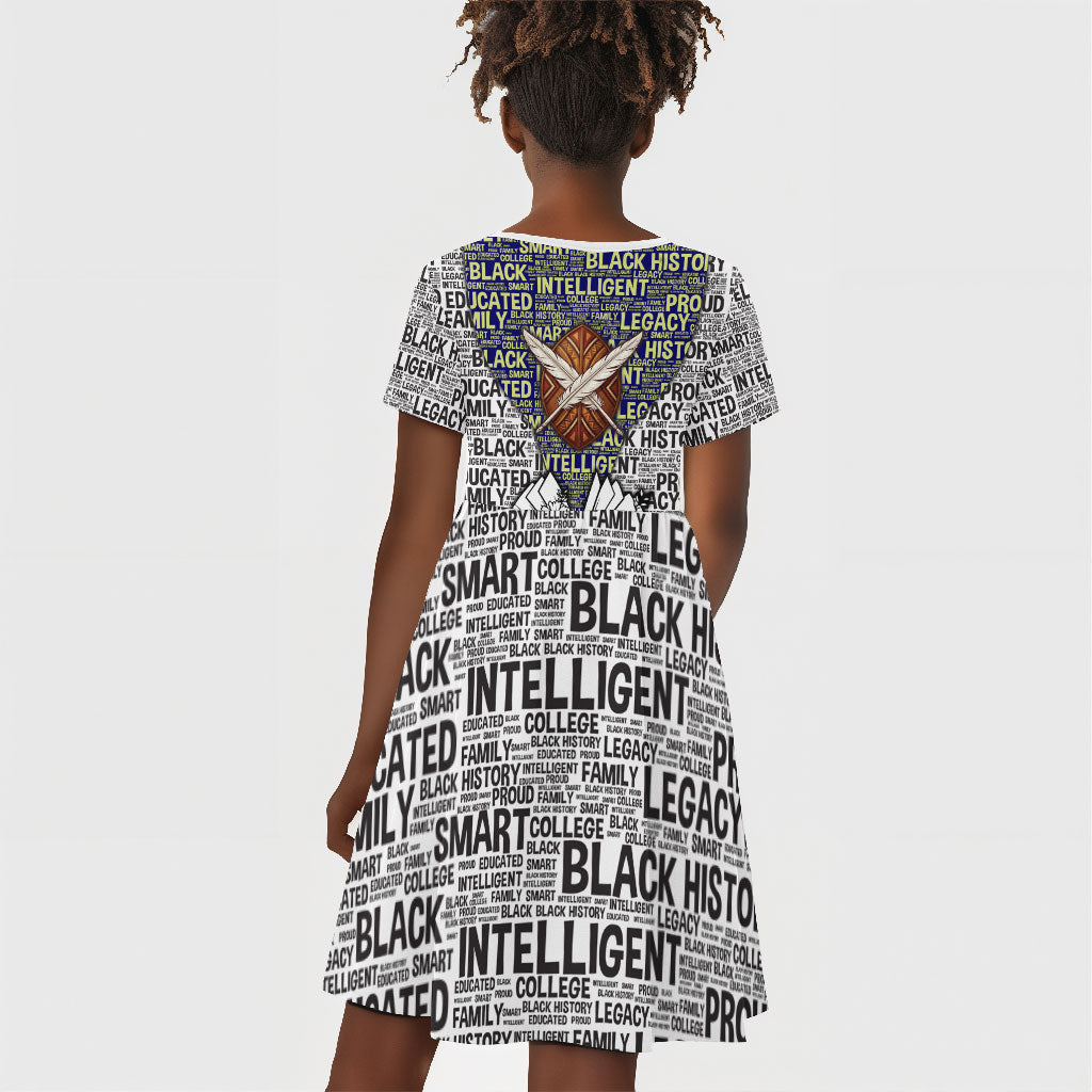 HBCU Black History Legacy Kid Short Sleeve Dress Word Cloud African Shield Knowledge Book