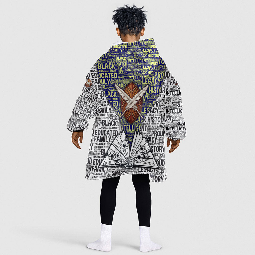 HBCU Black History Legacy Kid Wearable Blanket Hoodie Word Cloud African Shield Knowledge Book