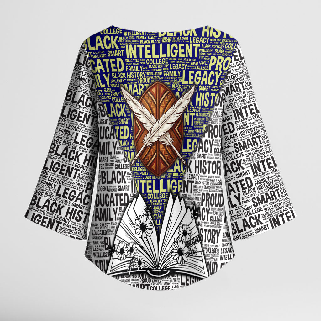 HBCU Black History Legacy Kimono Sleeve Blouse Word Cloud African Shield Knowledge Book
