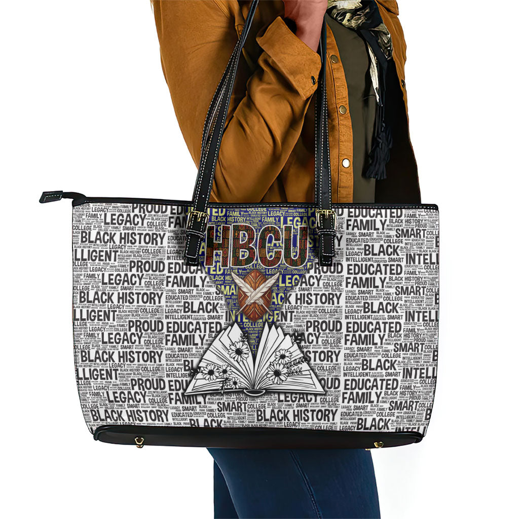 HBCU Black History Legacy Leather Tote Bag Word Cloud African Shield Knowledge Book