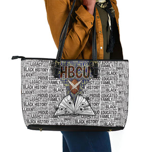 HBCU Black History Legacy Leather Tote Bag Word Cloud African Shield Knowledge Book