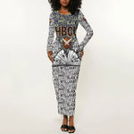 HBCU Black History Legacy Long Sleeve Bodycon Dress Word Cloud African Shield Knowledge Book