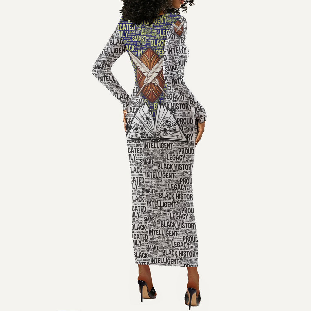HBCU Black History Legacy Long Sleeve Bodycon Dress Word Cloud African Shield Knowledge Book