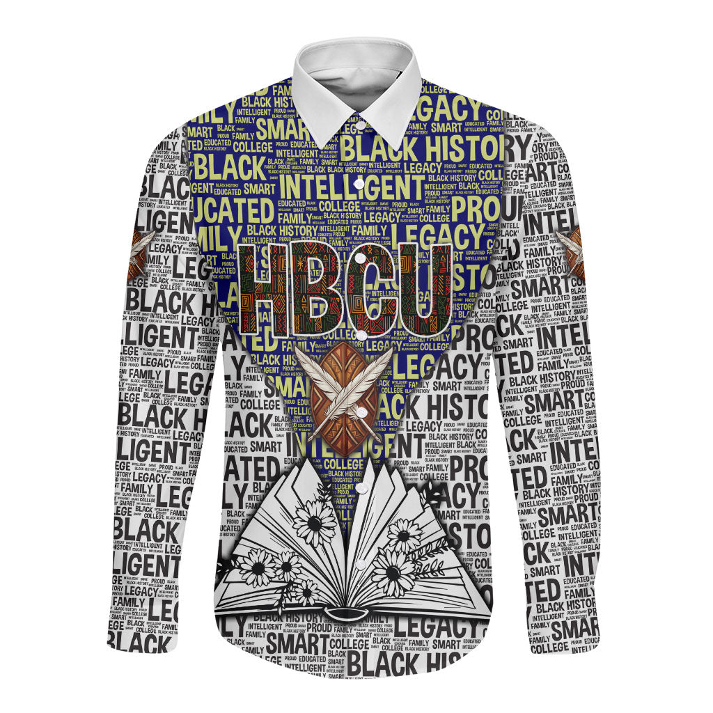 HBCU Black History Legacy Long Sleeve Button Shirt Word Cloud African Shield Knowledge Book