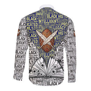 HBCU Black History Legacy Long Sleeve Button Shirt Word Cloud African Shield Knowledge Book