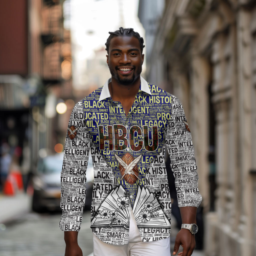 HBCU Black History Legacy Long Sleeve Button Shirt Word Cloud African Shield Knowledge Book