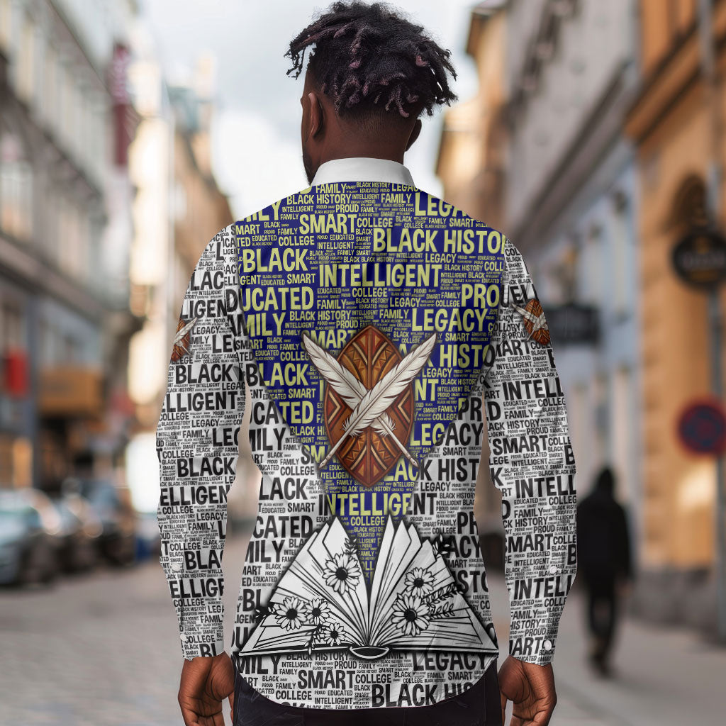 HBCU Black History Legacy Long Sleeve Button Shirt Word Cloud African Shield Knowledge Book