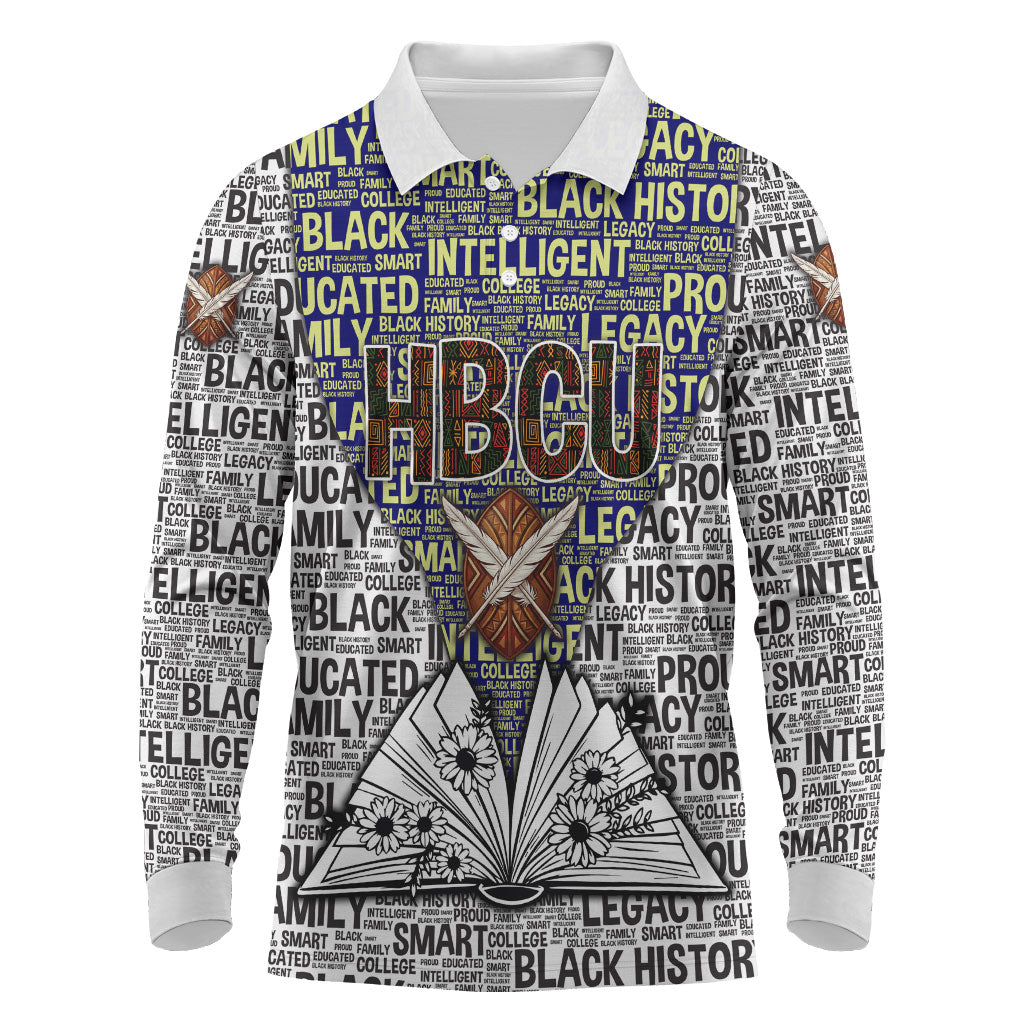HBCU Black History Legacy Long Sleeve Polo Shirt Word Cloud African Shield Knowledge Book
