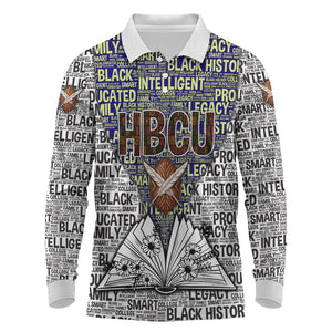 HBCU Black History Legacy Long Sleeve Polo Shirt Word Cloud African Shield Knowledge Book