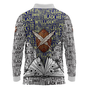 HBCU Black History Legacy Long Sleeve Polo Shirt Word Cloud African Shield Knowledge Book