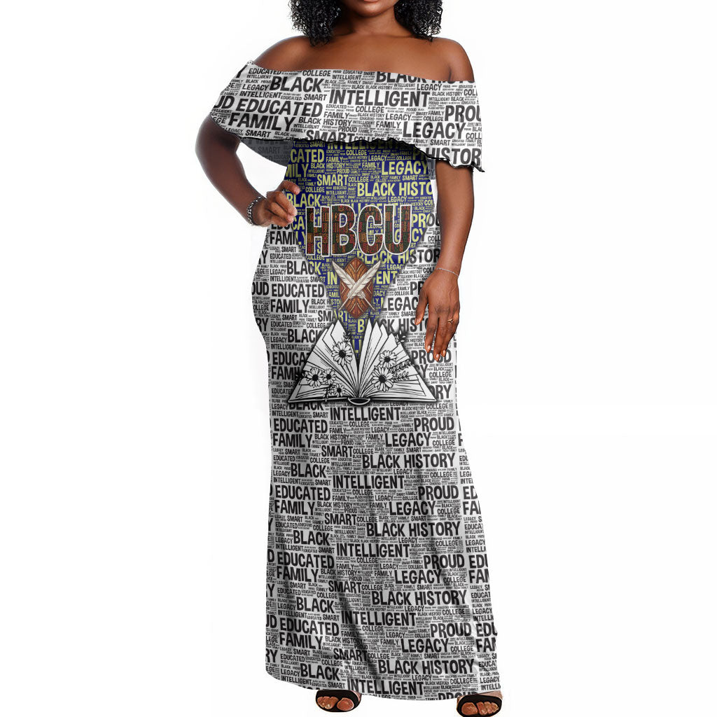 HBCU Black History Legacy Off Shoulder Maxi Dress Word Cloud African Shield Knowledge Book