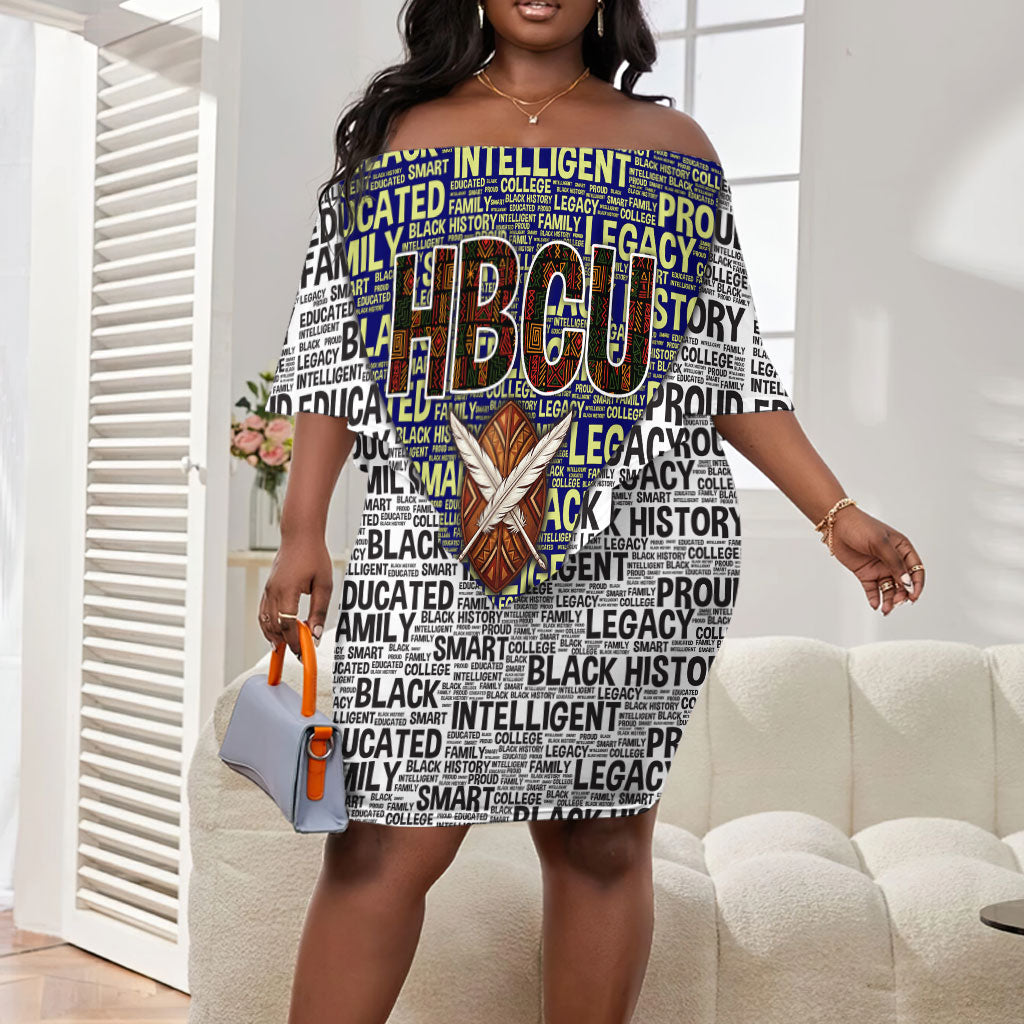 HBCU Black History Legacy Off Shoulder Short Dress Word Cloud African Shield Knowledge Book
