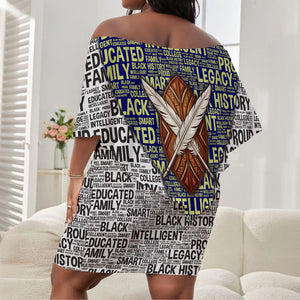HBCU Black History Legacy Off Shoulder Short Dress Word Cloud African Shield Knowledge Book