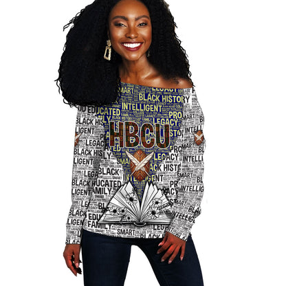HBCU Black History Legacy Off Shoulder Sweater Word Cloud African Shield Knowledge Book