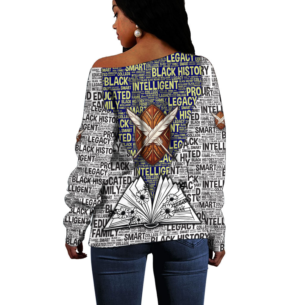 HBCU Black History Legacy Off Shoulder Sweater Word Cloud African Shield Knowledge Book
