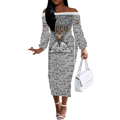 HBCU Black History Legacy Off The Shoulder Long Sleeve Dress Word Cloud African Shield Knowledge Book