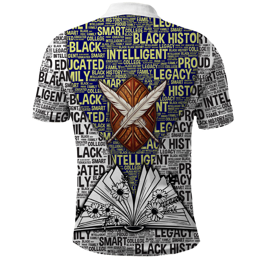 HBCU Black History Legacy Polo Shirt Word Cloud African Shield Knowledge Book