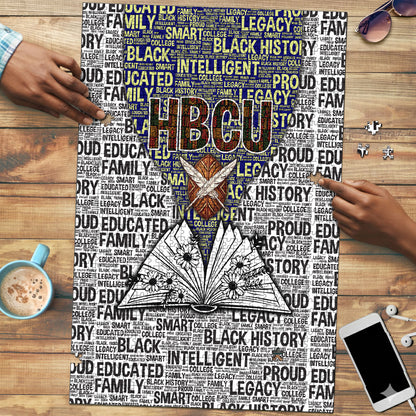 HBCU Black History Legacy Puzzle Word Cloud African Shield Knowledge Book