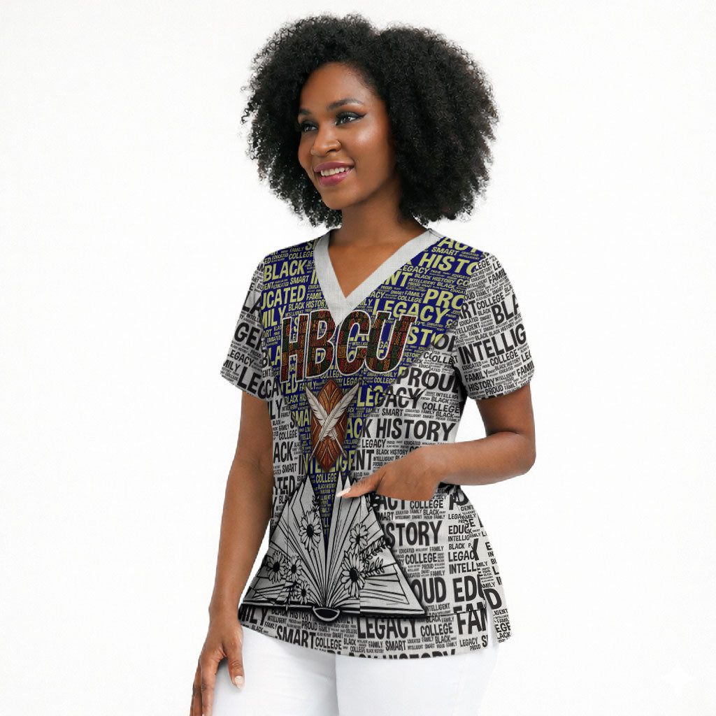 HBCU Black History Legacy Scrub Top Word Cloud African Shield Knowledge Book