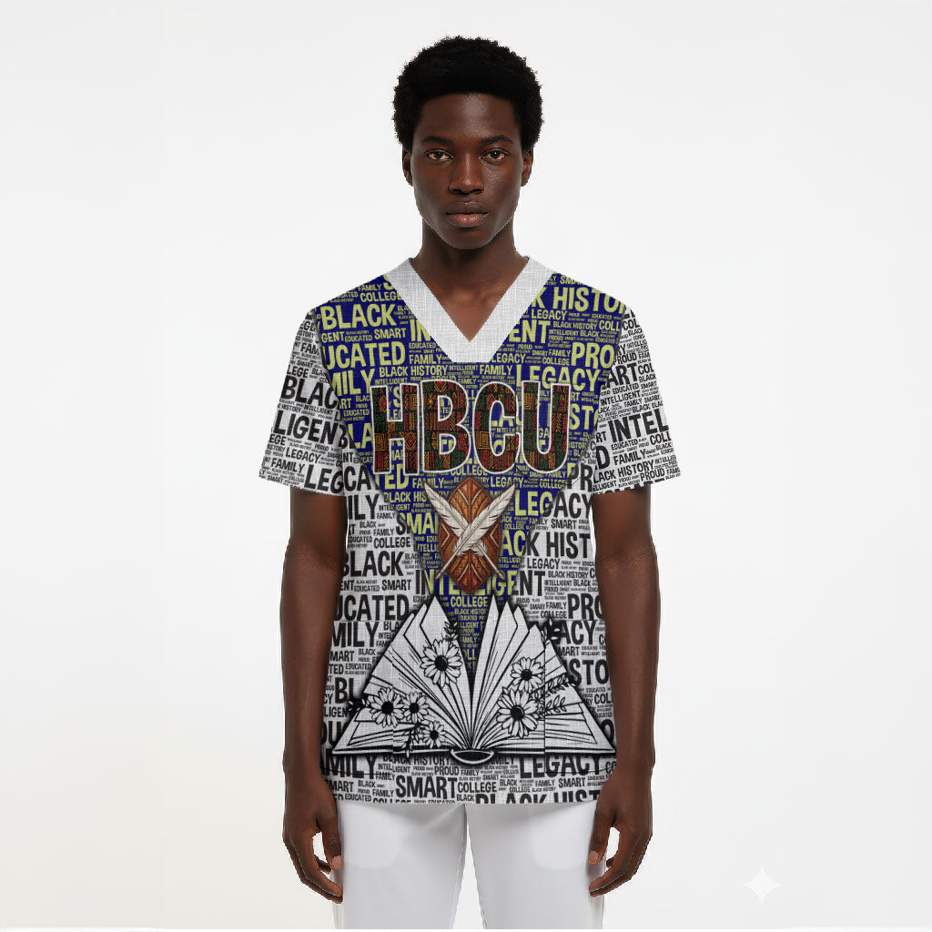 HBCU Black History Legacy Scrub Top Word Cloud African Shield Knowledge Book