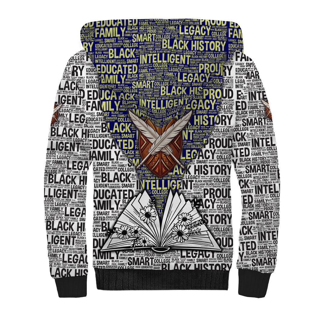 HBCU Black History Legacy Sherpa Hoodie Word Cloud African Shield Knowledge Book