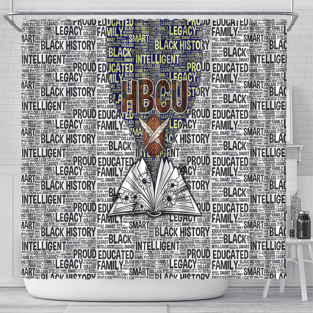HBCU Black History Legacy Shower Curtain Word Cloud African Shield Knowledge Book