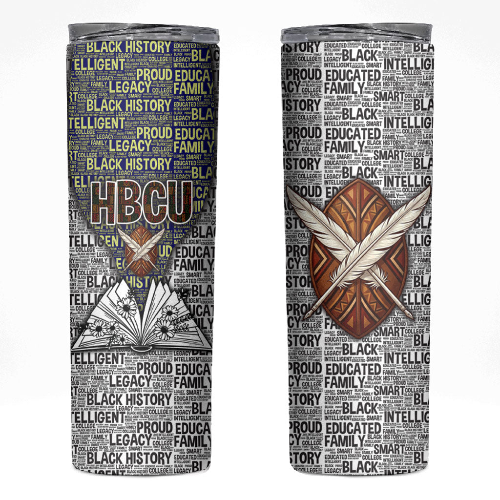 HBCU Black History Legacy Skinny Tumbler Word Cloud African Shield Knowledge Book