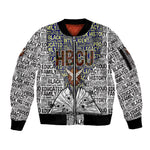 HBCU Black History Legacy Sleeve Zip Bomber Jacket Word Cloud African Shield Knowledge Book