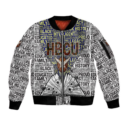 HBCU Black History Legacy Sleeve Zip Bomber Jacket Word Cloud African Shield Knowledge Book