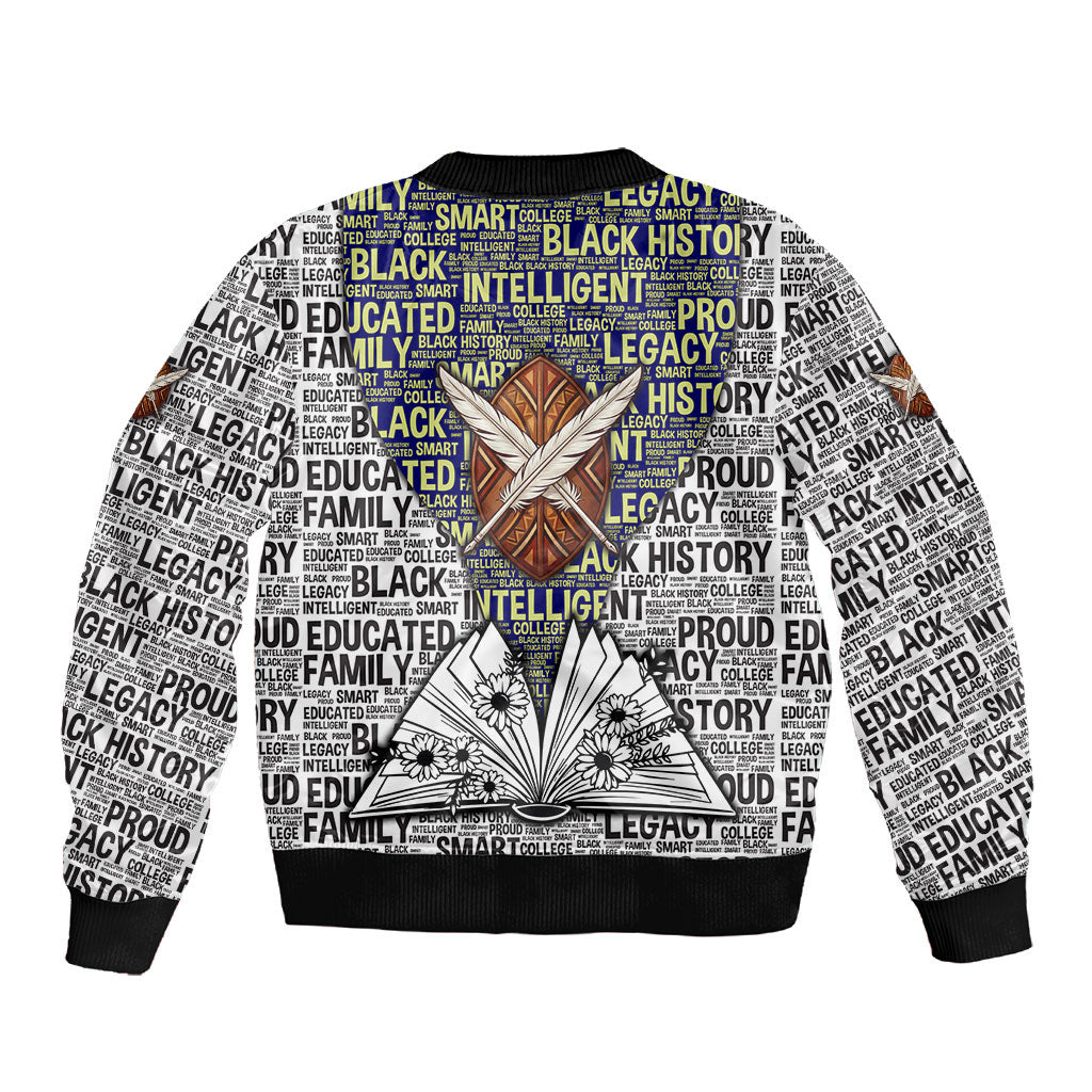 HBCU Black History Legacy Sleeve Zip Bomber Jacket Word Cloud African Shield Knowledge Book