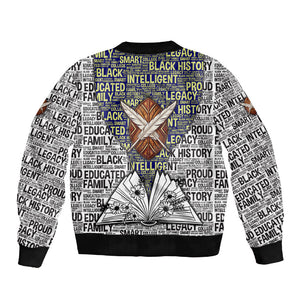 HBCU Black History Legacy Sleeve Zip Bomber Jacket Word Cloud African Shield Knowledge Book