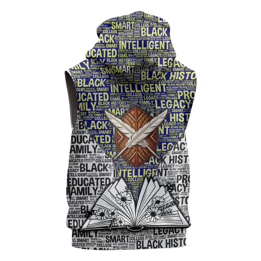 HBCU Black History Legacy Sleeveless Hoodie Word Cloud African Shield Knowledge Book