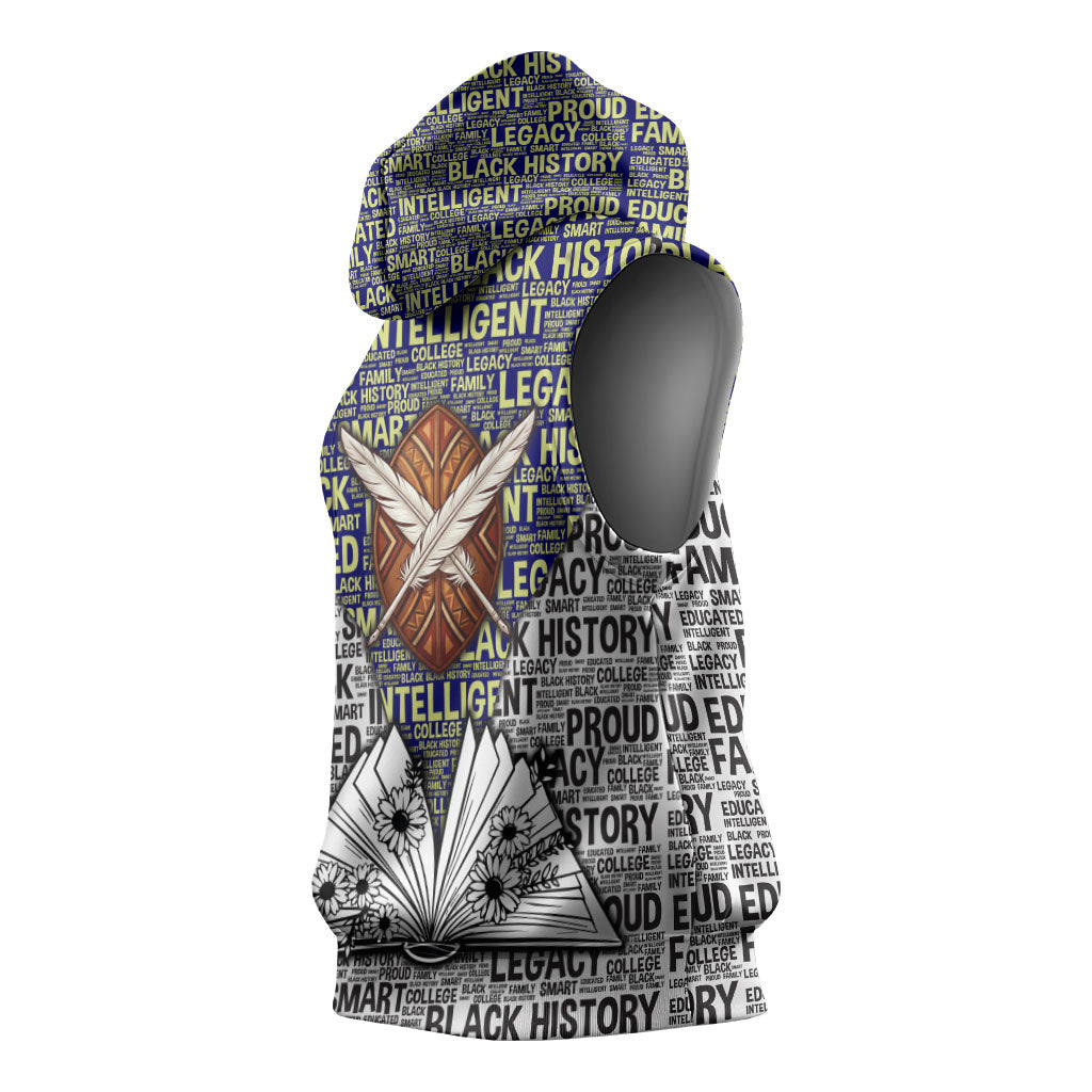HBCU Black History Legacy Sleeveless Hoodie Word Cloud African Shield Knowledge Book