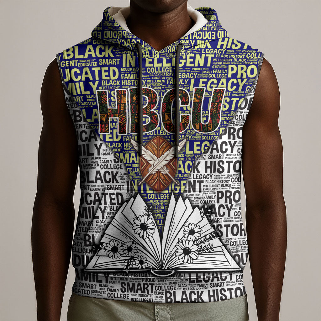 HBCU Black History Legacy Sleeveless Hoodie Word Cloud African Shield Knowledge Book