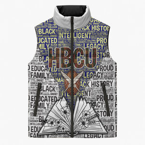 HBCU Black History Legacy Sleeveless Puffer Jacket Word Cloud African Shield Knowledge Book