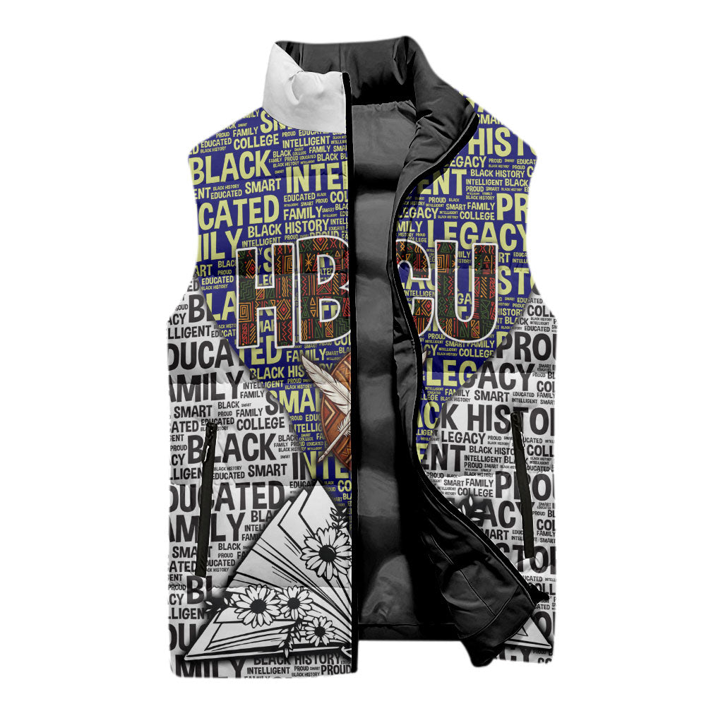 HBCU Black History Legacy Sleeveless Puffer Jacket Word Cloud African Shield Knowledge Book