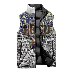 HBCU Black History Legacy Sleeveless Puffer Jacket Word Cloud African Shield Knowledge Book