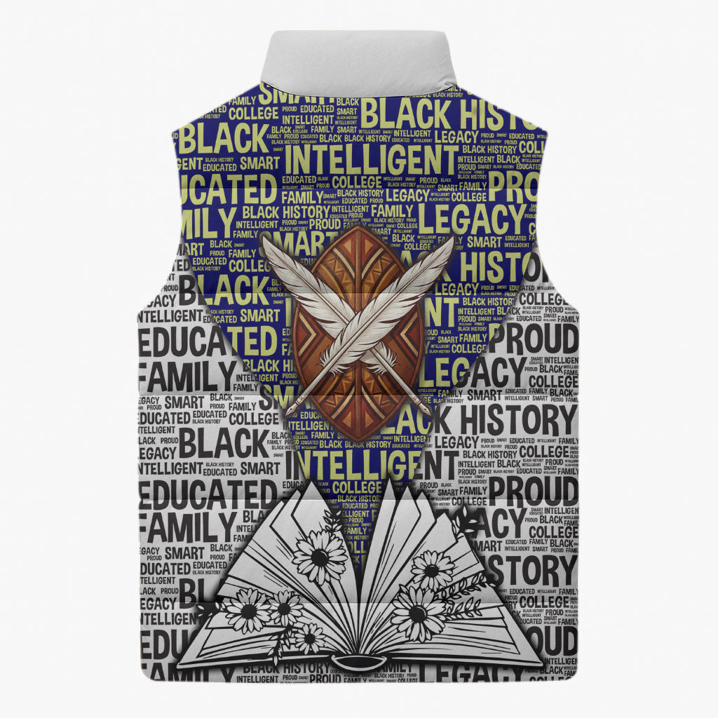 HBCU Black History Legacy Sleeveless Puffer Jacket Word Cloud African Shield Knowledge Book