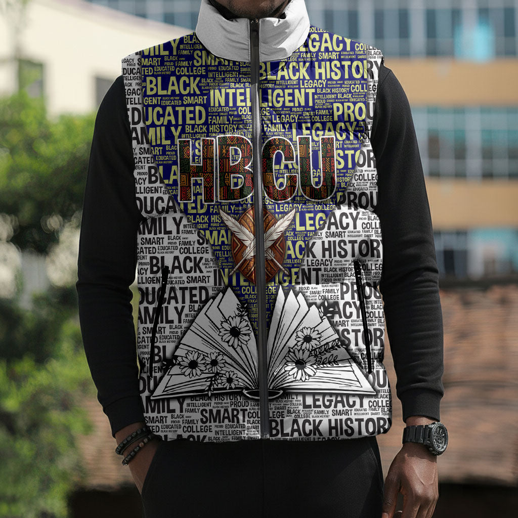 HBCU Black History Legacy Sleeveless Puffer Jacket Word Cloud African Shield Knowledge Book