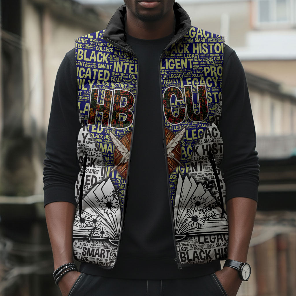 HBCU Black History Legacy Sleeveless Puffer Jacket Word Cloud African Shield Knowledge Book